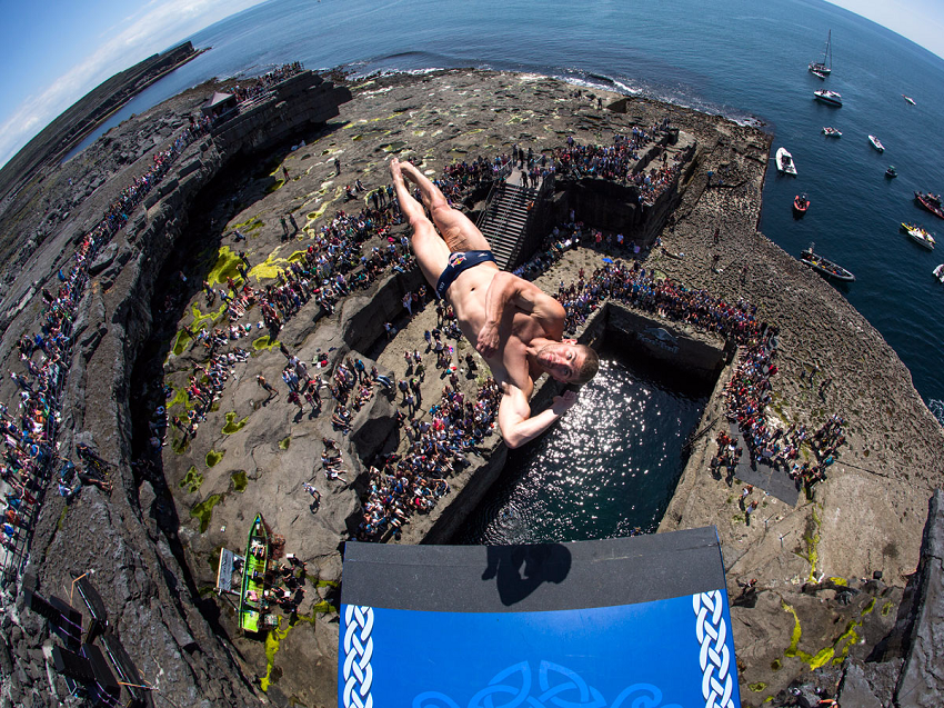One of the athletes from the Red Bull cliff diving contest